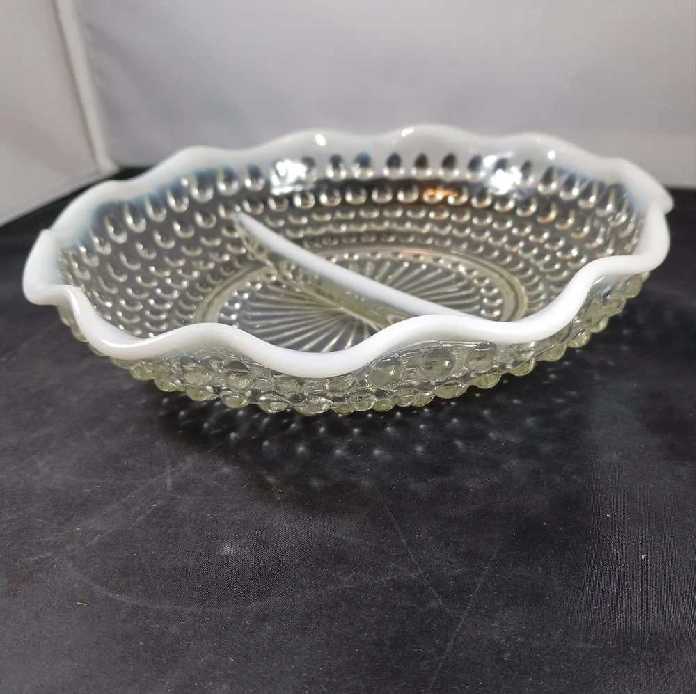 Vintage Fenton Hobnail Divided Dish White Opalescent